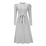 Bubble Long Sleeve Knitted High Waist Large Hem Midi Dress