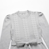 Bubble Long Sleeve Knitted High Waist Large Hem Midi Dress
