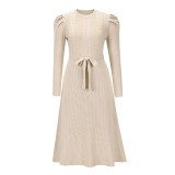 Bubble Long Sleeve Knitted High Waist Large Hem Midi Dress