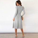Bubble Long Sleeve Knitted High Waist Large Hem Midi Dress