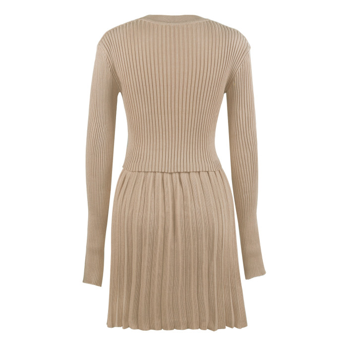 Crew Neck Long Sleeve Knit Pleated Skirt Sweater Two Piece Set