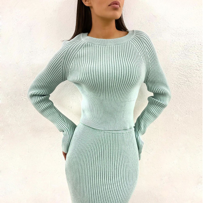 Slim Fit Solid Color Knitted Top Skirt Two Piece Sweater Set