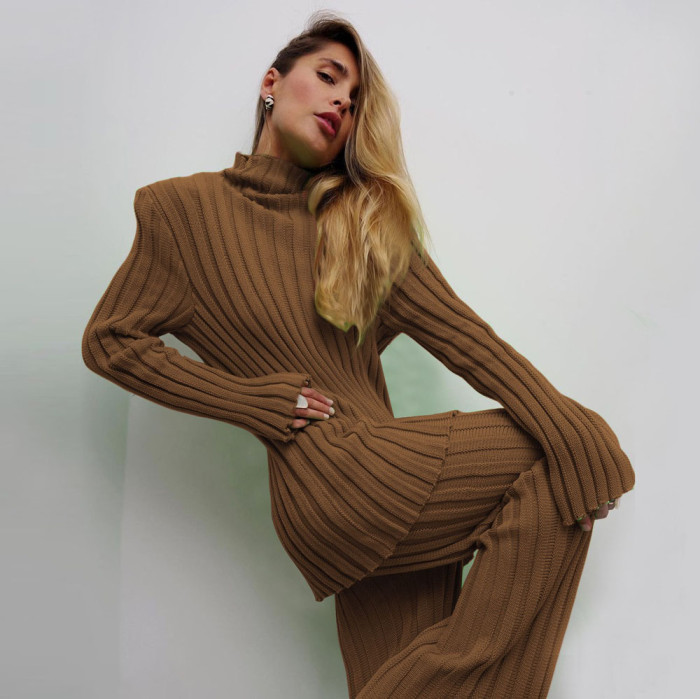 Solid Color Pit Strip Pad Shoulder Casual Sweater Two-piece Set