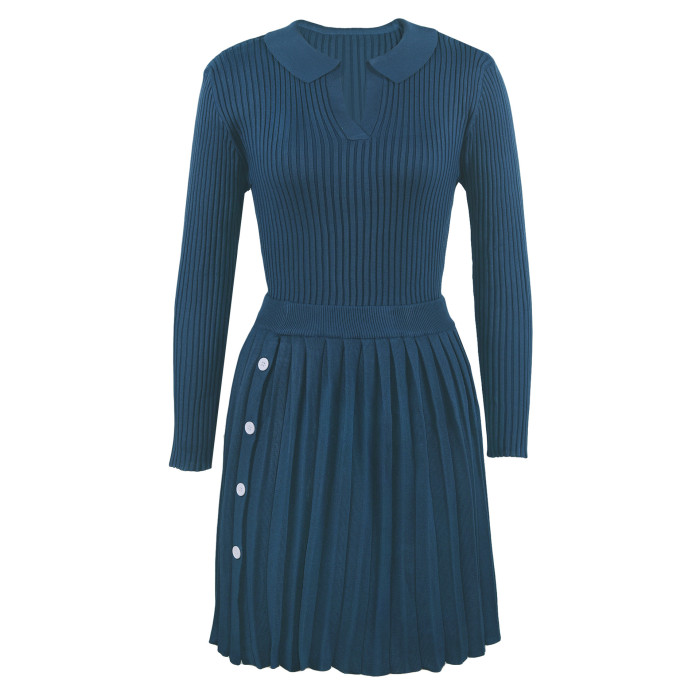 polo neck knit top and pleated skirt set