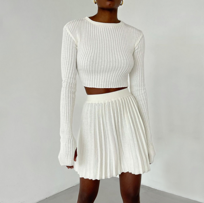 Crew Neck Long Sleeve Knit Pleated Skirt Sweater Two Piece Set