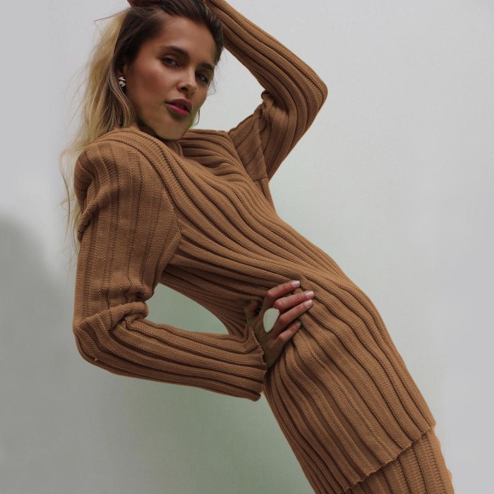 Solid Color Pit Strip Pad Shoulder Casual Sweater Two-piece Set