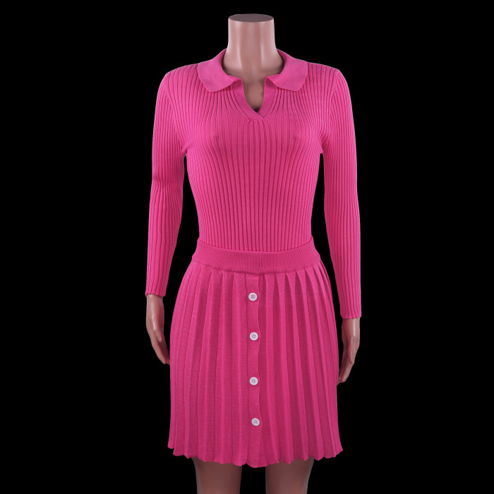 polo neck knit top and pleated skirt set
