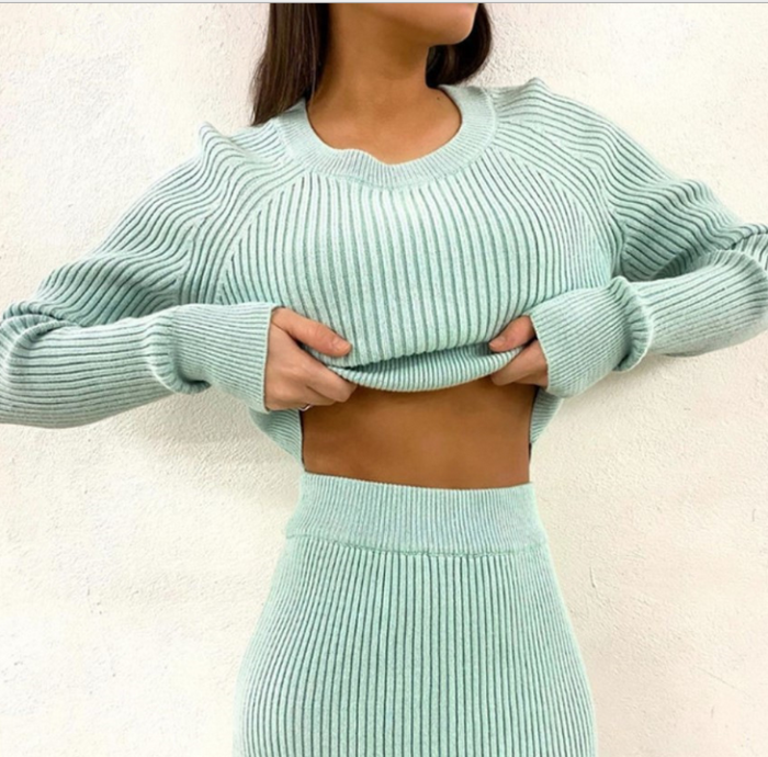 Slim Fit Solid Color Knitted Top Skirt Two Piece Sweater Set