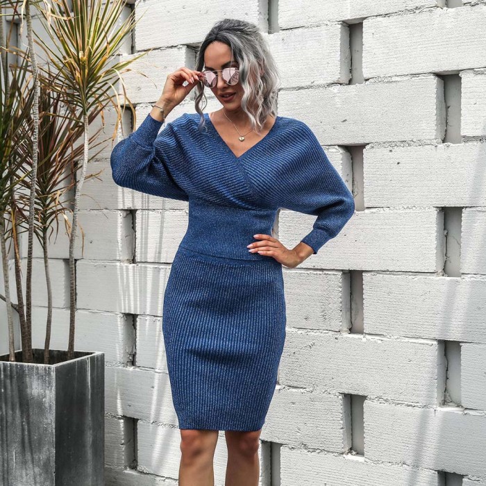 One-line Collar Bat Sleeve Sweater Open Back Wool Dress Two-Piece Set