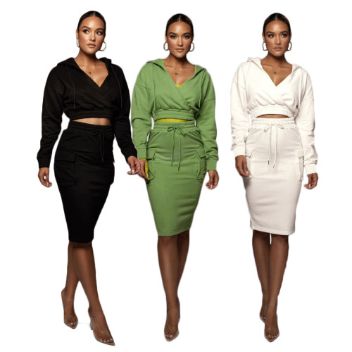 Hooded V-neck Pocket Skirt two Piece Set