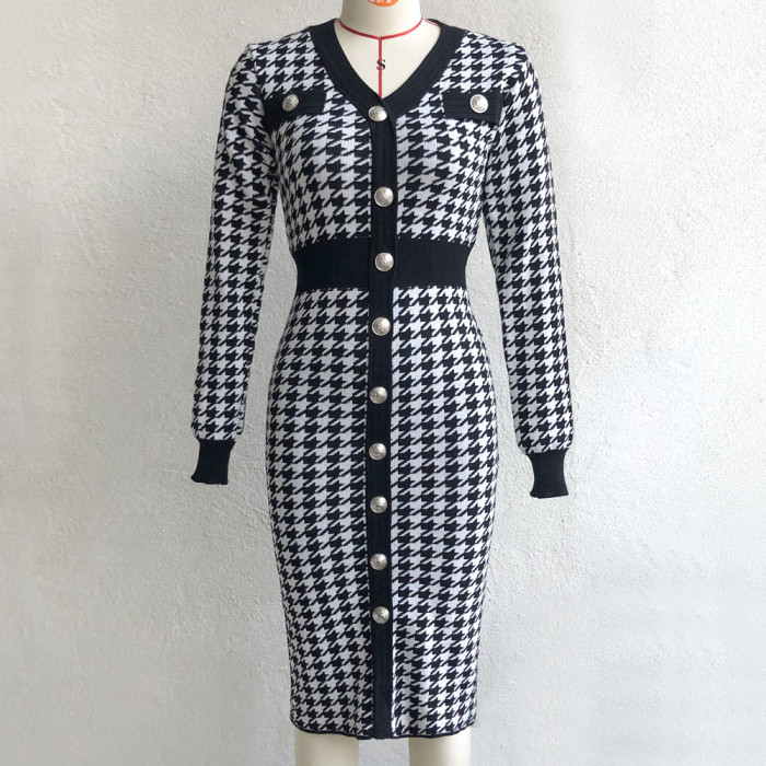 Houndstooth Contrast V-neck Knit Sweater Dress