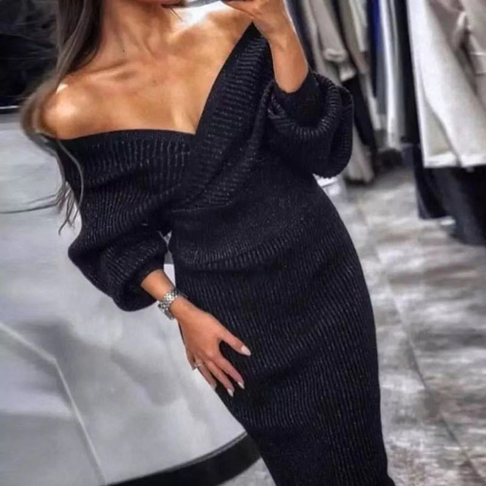 One-line Collar Bat Sleeve Sweater Open Back Wool Dress Two-Piece Set