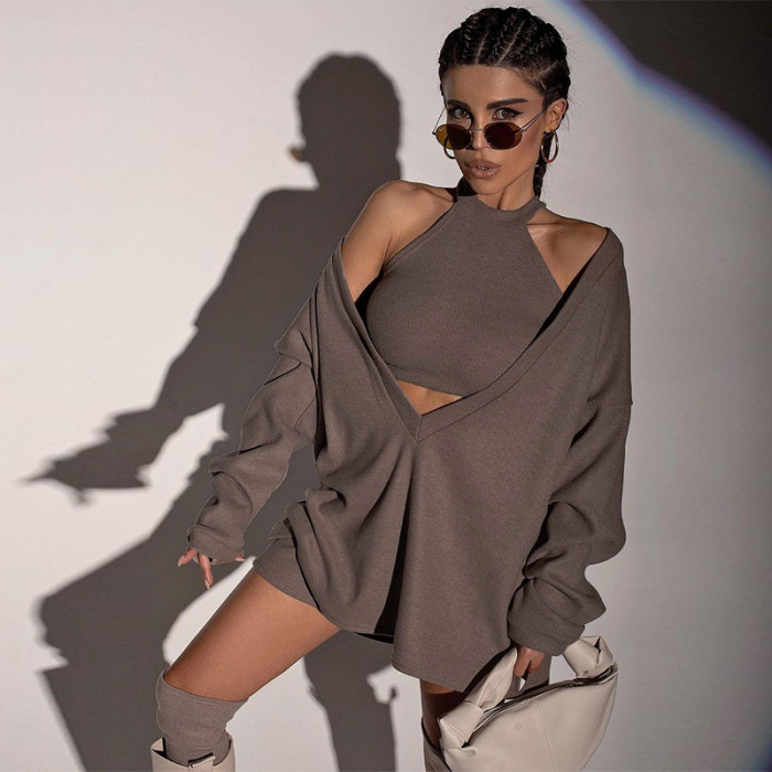 Sexy Vest And V-neck Long-Sleeved Loose Pullover Two-piece Suit