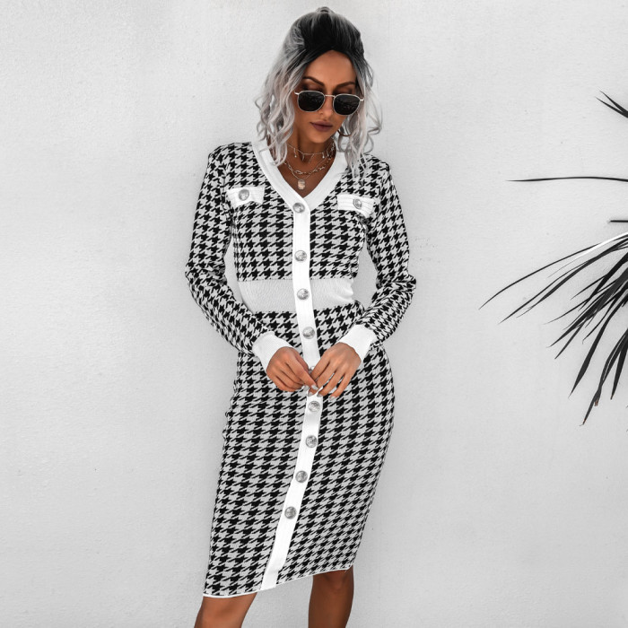 Houndstooth Contrast V-neck Knit Sweater Dress