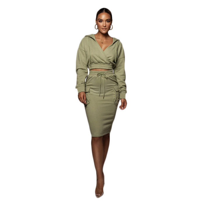 Hooded V-neck Pocket Skirt two Piece Set