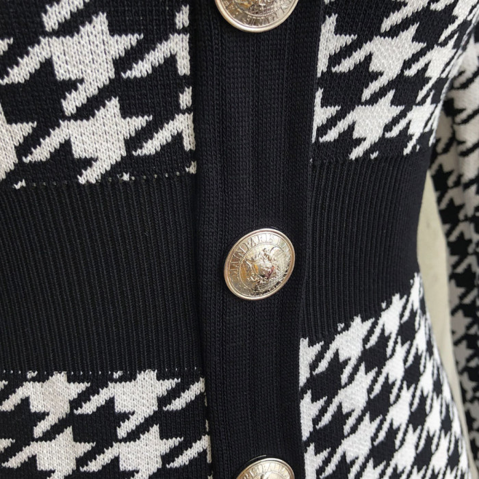 Houndstooth Contrast V-neck Knit Sweater Dress