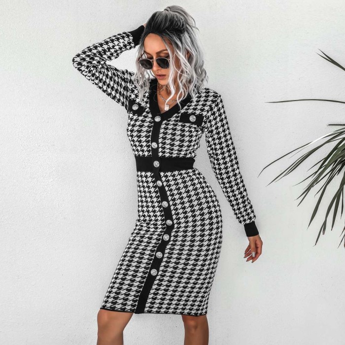 Houndstooth Contrast V-neck Knit Sweater Dress