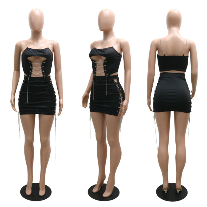 Sexy Chain Design Sleeveless Crop Top and Dress Set