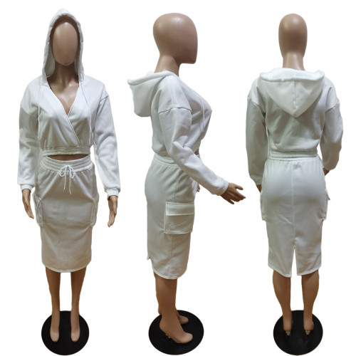 Hooded V-neck Pocket Skirt two Piece Set