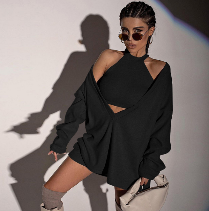 Sexy Vest And V-neck Long-Sleeved Loose Pullover Two-piece Suit