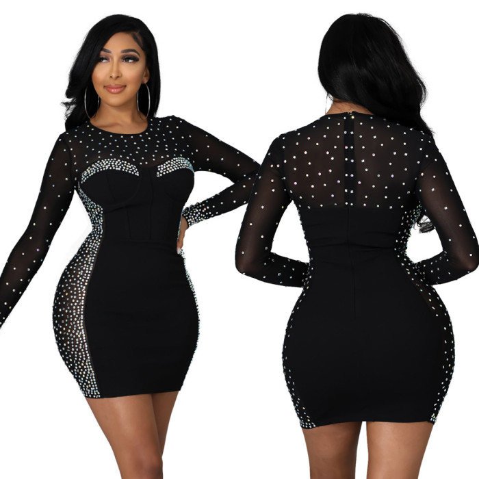 Sexy Beaded Patchwork Long Sleeve Bodycon Dress