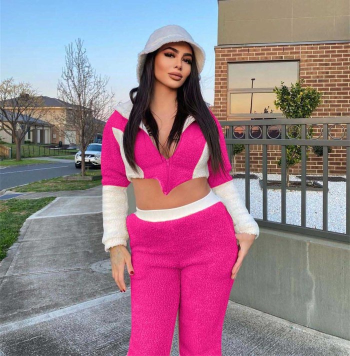 Velvet Color Matching Hooded Sweater Two Piece Set