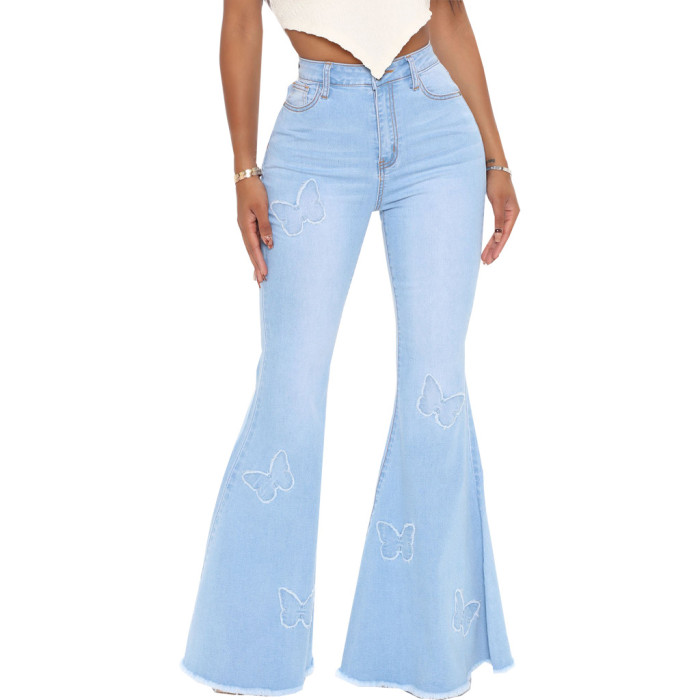 Causal Butterfly Patched bell-bottomed Jeans