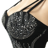 Party Sexy Black Crystal Strap Long Bodycon Dress