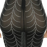 Sexy Nightclub Mesh Perspective Reinestone Long Sleeve Dress