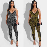 Party Black Beaded Halter Bodycon Jumpsuit