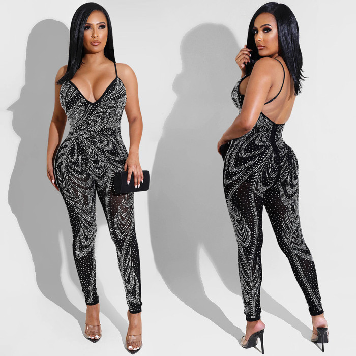 Party Black Beaded Halter Bodycon Jumpsuit