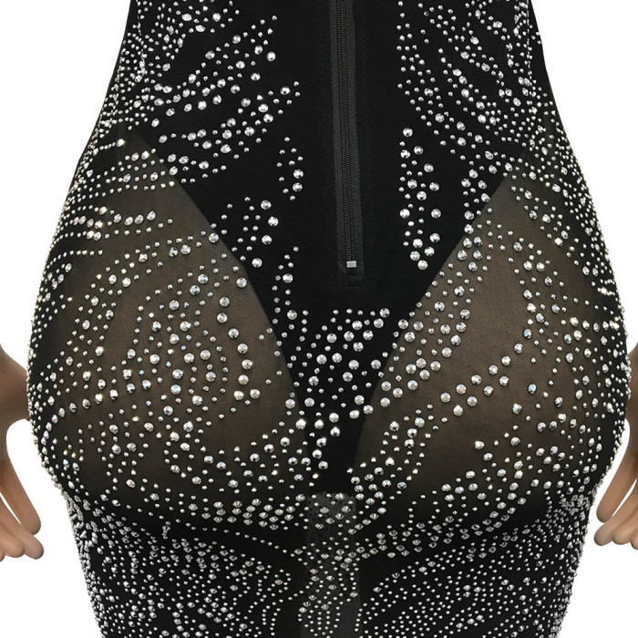 Party Sexy Black Crystal Strap Long Bodycon Dress