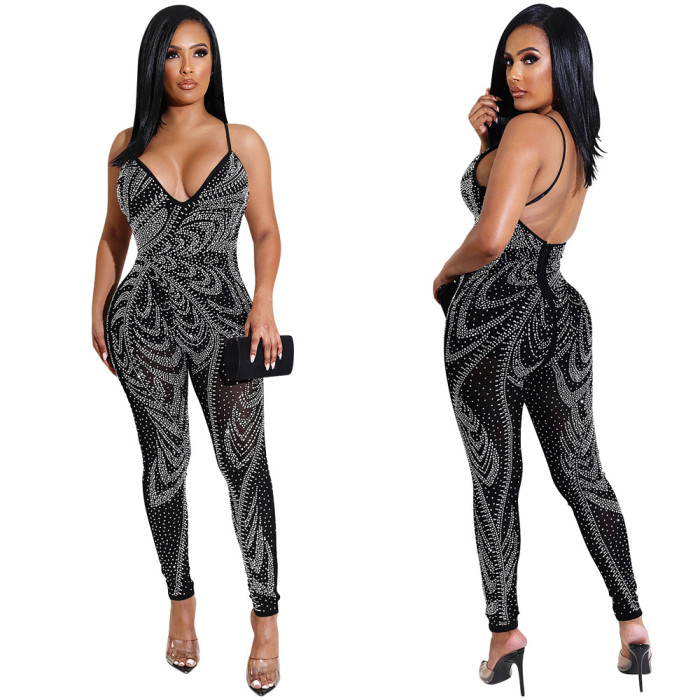 Party Black Beaded Halter Bodycon Jumpsuit