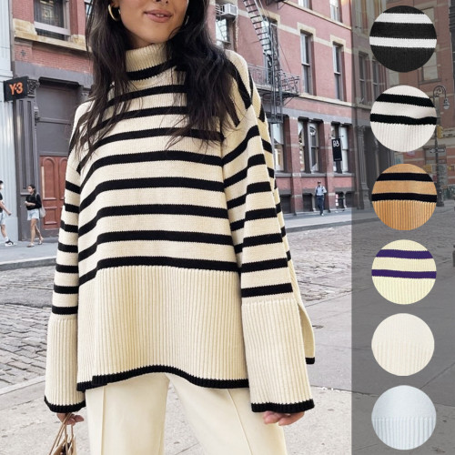 Women's Casual High Neck Side Split Pullover stripe Sweater Loose Long Sleeve Jumper Top
