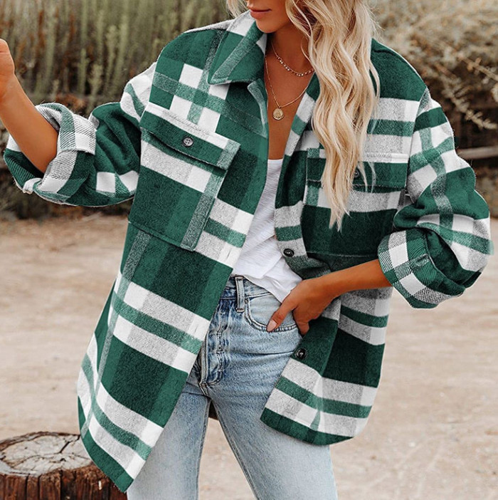 Women's Girl Plaid Button Down Long Sleeve Shacket Jacket Coat Warm Shirt Blouse Casual Outwear with Pocket