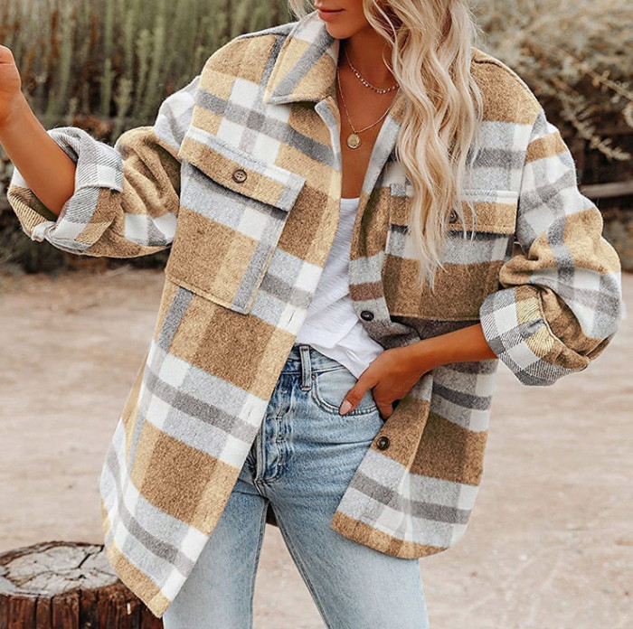 Women's Girl Plaid Button Down Long Sleeve Shacket Jacket Coat Warm Shirt Blouse Casual Outwear with Pocket
