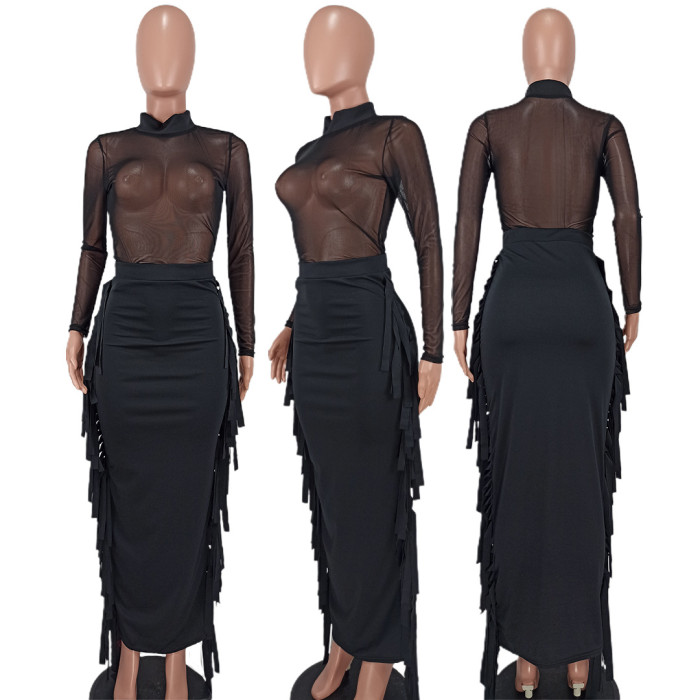 Fashion Perspective Mesh Top Skirt Two Piece Set