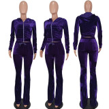 Women Hooded Jacket Flared Pants Velvet Suit