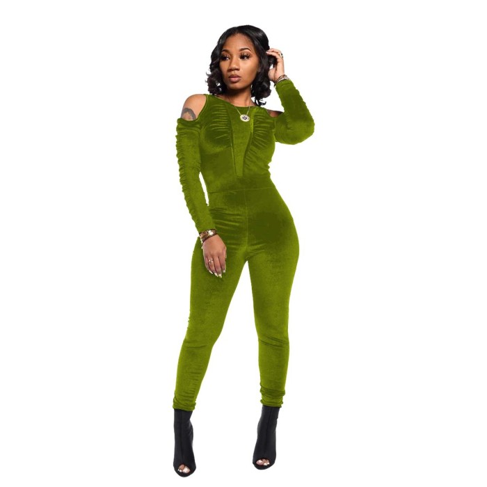 Casual Velvet Cut Shoulder Pleated Jumpsuit