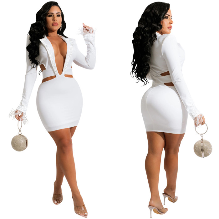 Fashion Sexy V-neck Hollow Out Long Sleeve Bodycon Dress