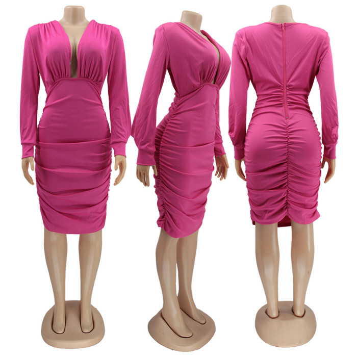 Solid V-neck Fold Bodycon Dress