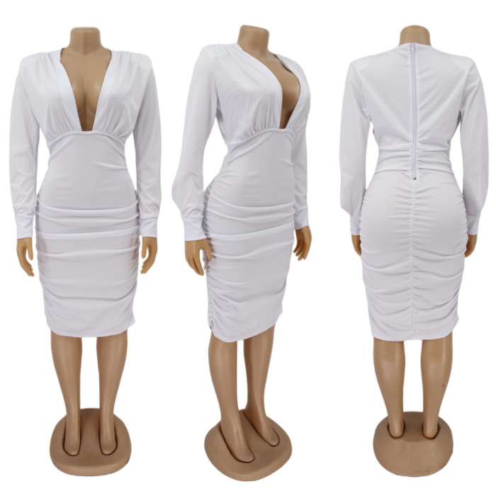 Solid V-neck Fold Bodycon Dress