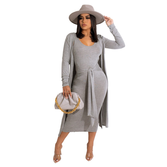 Round Neck Sleeveless With Belt Dress And Long Coat Two Piece Set