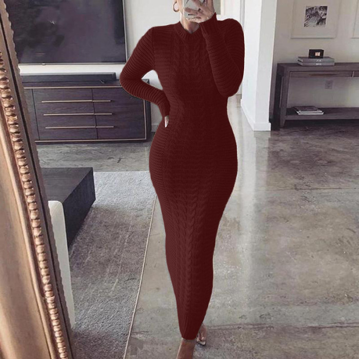 Pure Color Knitted Long Sleeve Dress