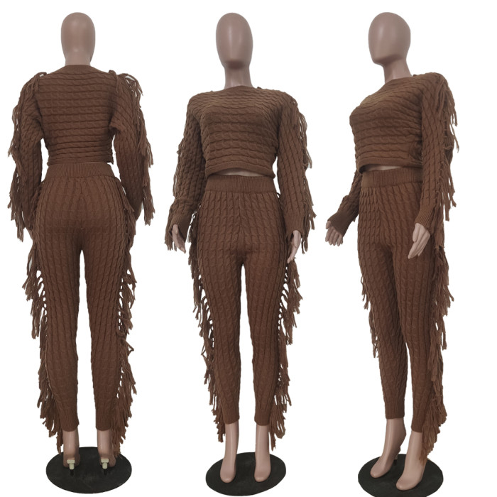 Casual Tassels Sweater Crop Top and Pants 2PC Knit Set