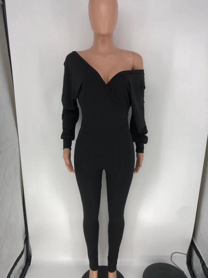 Ribbed Sexy V Neck Slim Fit Jumpsuit
