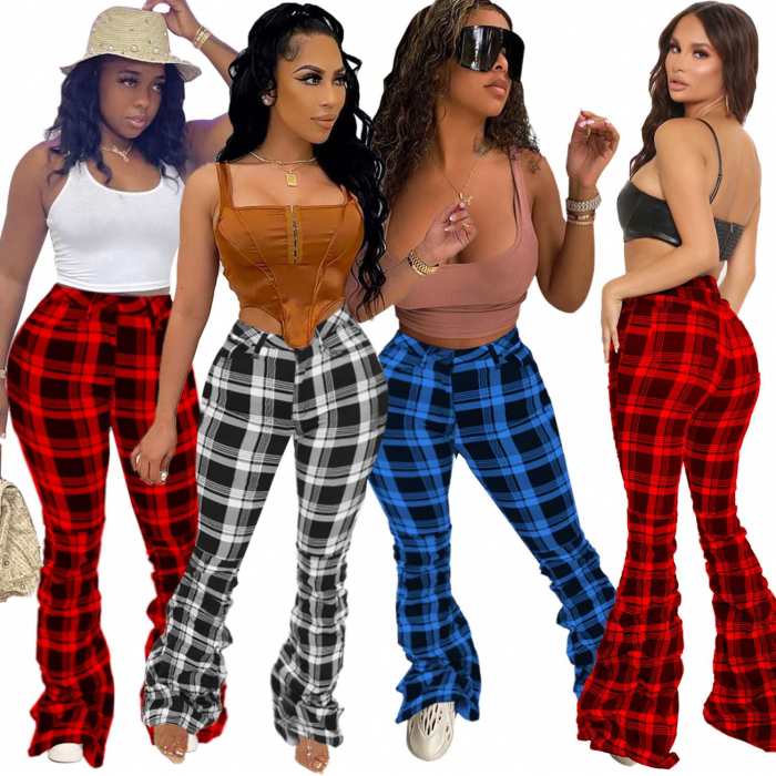 Plaid Print Flare Bell Bottoms Pants
