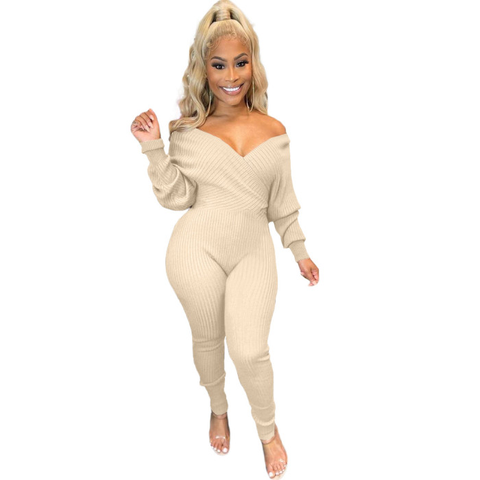 Ribbed Sexy V Neck Slim Fit Jumpsuit