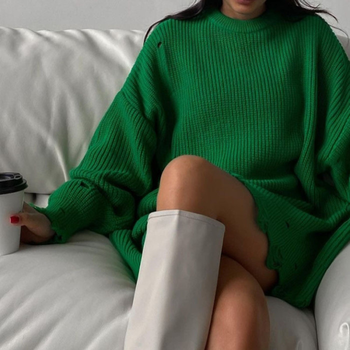 Long Sleeve Round Neck Hem Irregular Sweater Knitted Dress