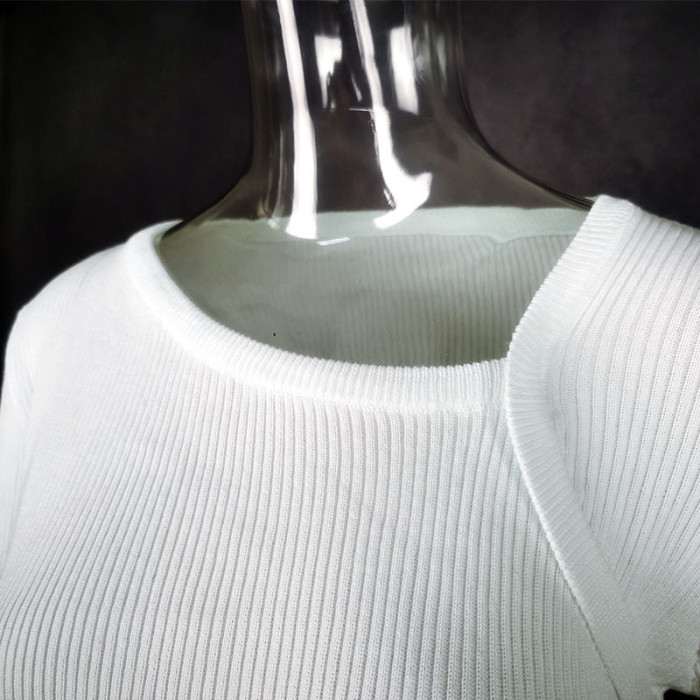 Long Sleeve Diagonal Collar Top Split Skirt Two Piece Sweater Set